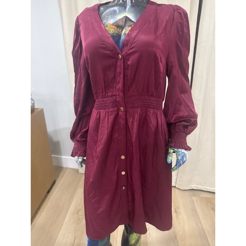 Lucy Paris Burgundy Button-Front Midi Dress With Smocked Waist & Cuffs V-Neck Lo